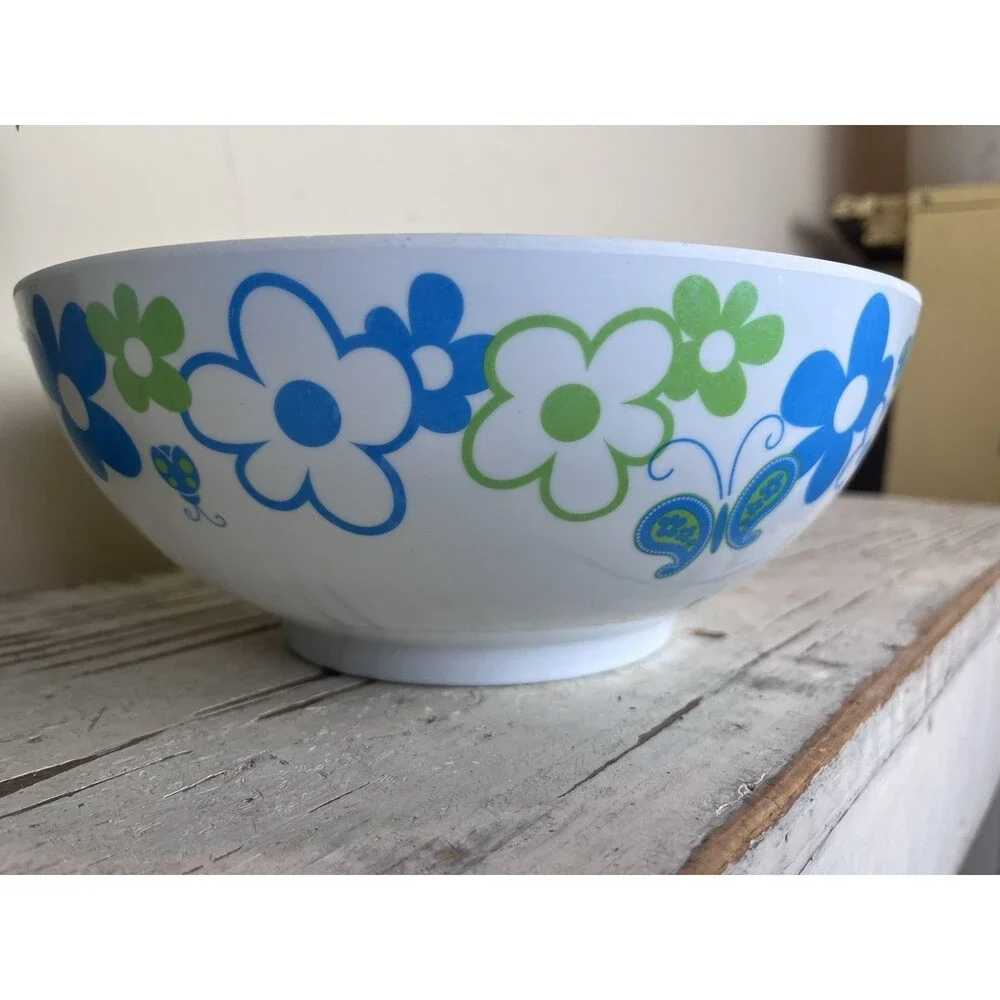 Vintage Whimsical Serving Bowl 70’s Vibe Butterflies Flowers Ladybugs 10” Retro